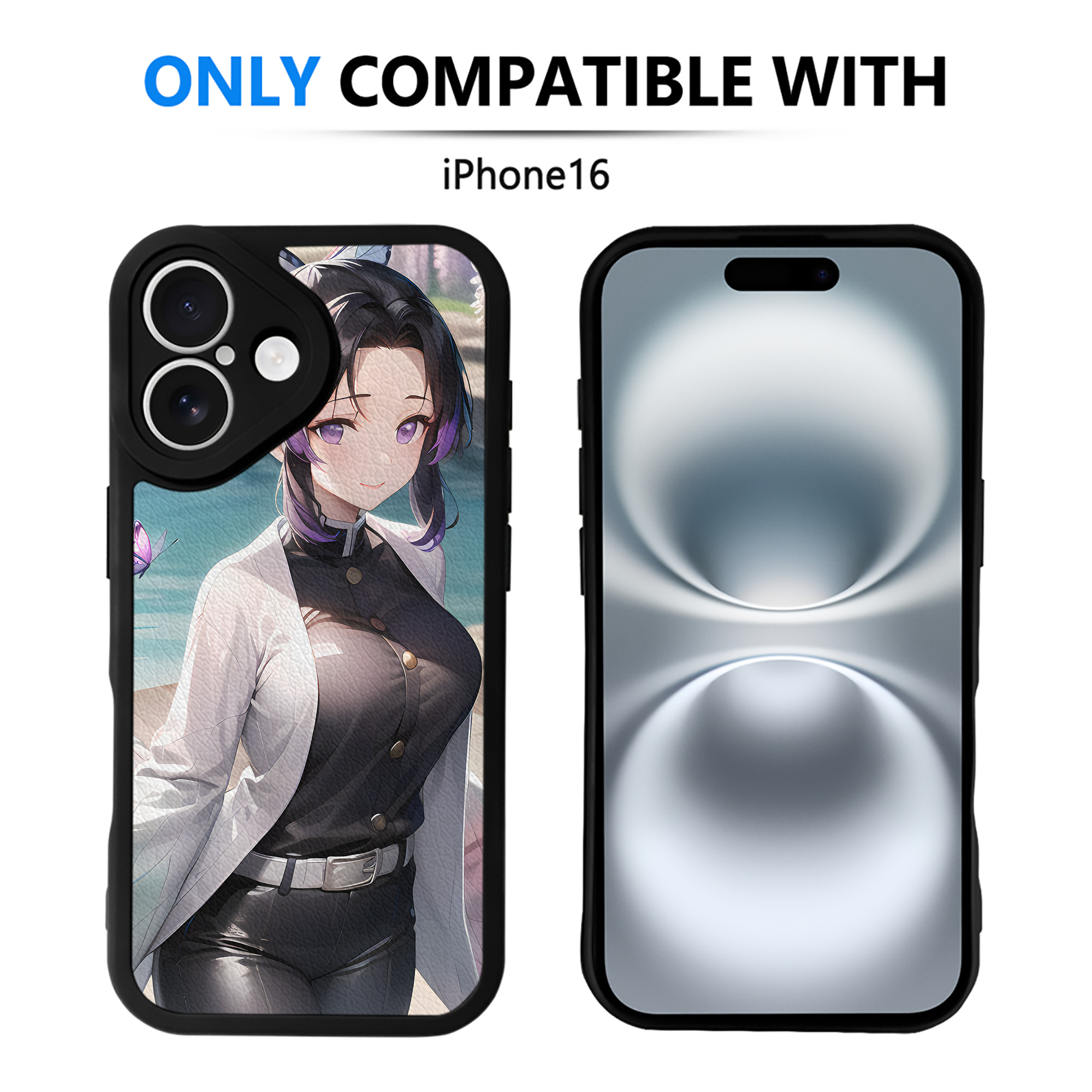 （画像用） 鬼滅の刃（きめつのやいば）蟲柱-胡蝶 しのぶ／こちょう しのぶ Kochou Shinobu 【iPhone 16シリーズ対応】シリコンスマホケース（レザー調） 材質：シリコン